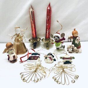 Vintage Mix Ornament Lot Glass Angel Candles Porcelain Ornaments 11 Pieces